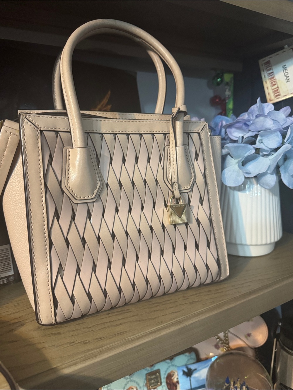 Michael Kors Beige Woven Satchel with Gold Charm